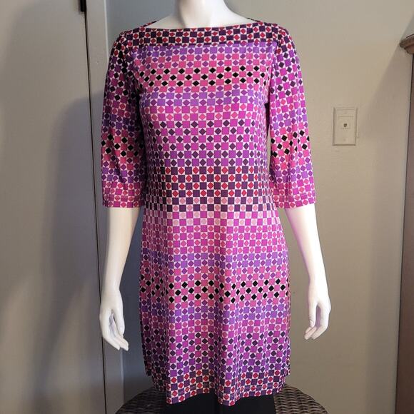 DONNA MORGAN Retro Mod Geometric Shift Dress Sz 8 Pink Purple Stretch Work Party - Picture 1 of 10